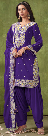 Designer Dark Purple pure silk Patiala Suits with deatiled embroidery work